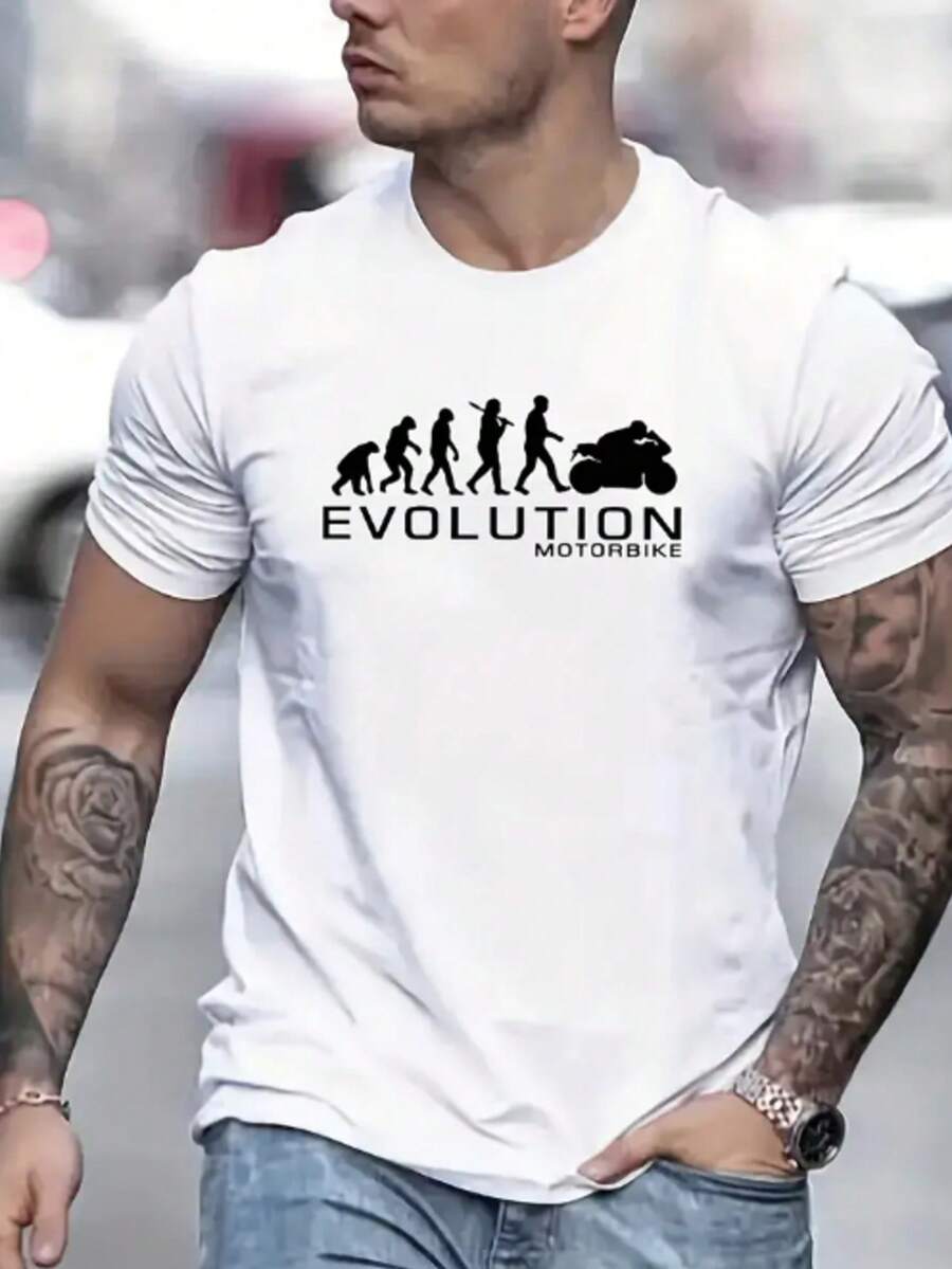 Men's Round Neck T-Shirt With POASOD Evolution Motorbike Print, Men's Fashion With Evolution Print, Casual Short Sleeve T-Shirt, Promotion Men's Blouse, Comfort For All Seasons - 白色 - 查看 1