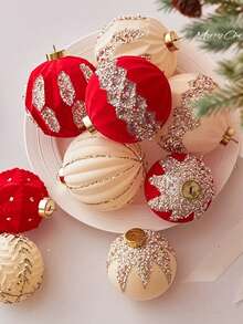 12pcs 8cm Christmas Party Decorative Balls, Rhinestone Flocked Christmas Ornaments, Plastic Hanging Decorative Balls, Suitable For Christmas Tree Decor, Home Decor, Room Decor, Bedroom Decor, New Year Decor, Christmas Decorations, Outdoor Decor, Holiday Party Decor, Christmas Party Supplies, Christmas Themed Festive Hanging Ornaments, Event Party Decor Gifts, Christmas Ornament Gift Set, Happy New Year, Gifts For Friends And Family Winter