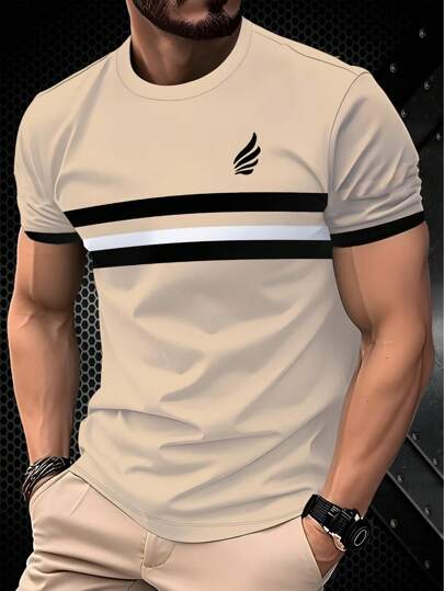 Camiseta de cuello redondo de manga corta con rayas elegante para hombres, casual y de moda, 100% poliéster, tela transpirable y ligera, ajuste regular, adecuada para uso en verano