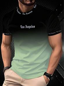 男士时尚洛杉矶字母渐变印花圆领短袖T恤，夏季 - 彩色 - 查看 1