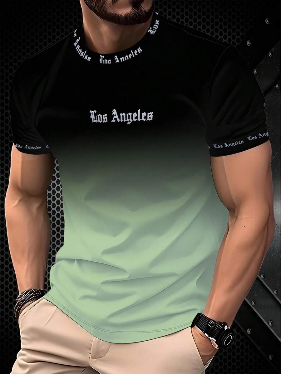 男士时尚洛杉矶字母渐变印花圆领短袖T恤，夏季 - 彩色 - 查看 1