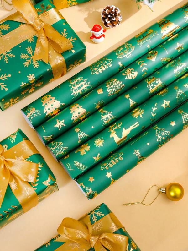 1 Roll/5m New Dark Green Foil Christmas Gift Wrapping Paper, 50x500cm - Reindeer Christmas Tree With Gold Snowflakes And Stripes, Suitable For Holiday Gifts, Decorations, Birthday Parties - Elegant Christmas Packaging