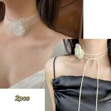 1 件女士白色优雅欧根纱花卉、蕾丝和丝带细节腕花，新娘/伴娘婚礼装饰，情人节 - 彩色 - 查看 7