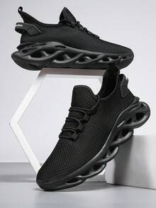 Women's ​ Black Wave Sole Knit Sneakers - Everyday Comfort Support For Urban Walk, Year-Round Breathable Minimalist Wear​ - 黑色 - 查看 2