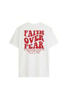 180g Faith Over Fear Christian Graphic-Shirt |   Women's Casual Vacation Bible Verse Tee |   Summer Round Neck Short Sleeve Top Summer-Shirt Women Casual Loose Top Letter Print Tee - 白3 - 查看 4