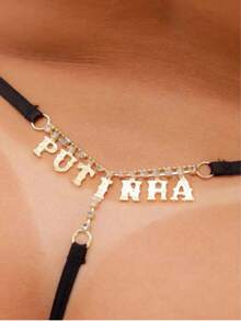 Lace Thong Panties With The Word P.U.T.I.N.H.A Rhinestone Lingerie Underwear - 紫色 - 查看 1