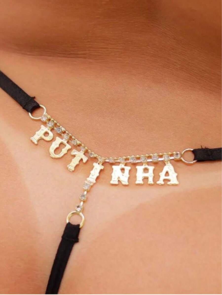 Lace Thong Panties With The Word P.U.T.I.N.H.A Rhinestone Lingerie Underwear - 紫色 - 查看 1