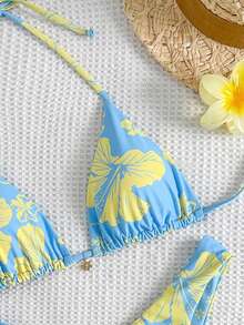 Lady's Floral Print Halterneck Three-Piece Swimsuit: Sexy, Youthful, Stylish, High End, Elegant, Casual – Perfect For Travels And Beach Vacations, Spring & Summer New Arrival