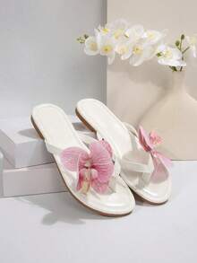 2025年新款花卉图案沙滩凉鞋，舒适假日风格平底拖鞋，加大码女士休闲人字拖，情人节版 - 白色 - 查看 6