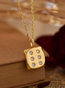 1pc Quirky Dice 1-6 Dot Design Zirconia Necklace For Women, Fashionable Commuting Style Everyday Wear Gold Jewelry