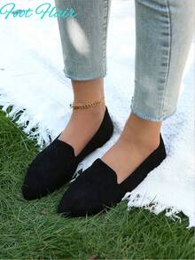 Sapatilhas femininas Foot Flair, sapatos baixos elegantes de camurça sintética com bico fino, adequados para o deslocamento diário, mocassins casuais pretos de cor sólida - Preto - Ver 5