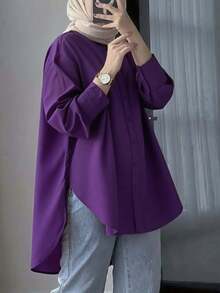 女士长袖格子衬衫，翻领纽扣前襟，梭织面料，简约优雅设计，春季款 - 紫羅蘭色 - 查看 3