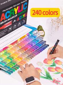 广纳软刷丙烯颜料马克笔，绘画美术用品毛毡文具套装，自由供墨系统，色彩丰富，着色页清晰，颜色可堆叠，覆盖力强，笔尖灵活柔软，弹性好，可粗可细自由绘制，非常适合神秘色彩、学校开学/返校季礼物、帆布鞋、T恤图案等其他光滑表面彩色装饰