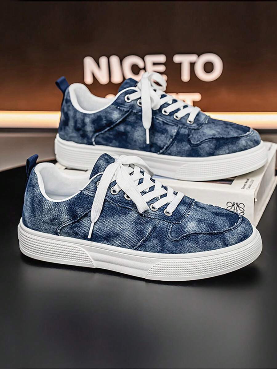 Men's Casual Canvas Sneakers, Denim Texture, Anti-Slip Wear-Resistant, Fashionable Street Style Skateboard Shoes