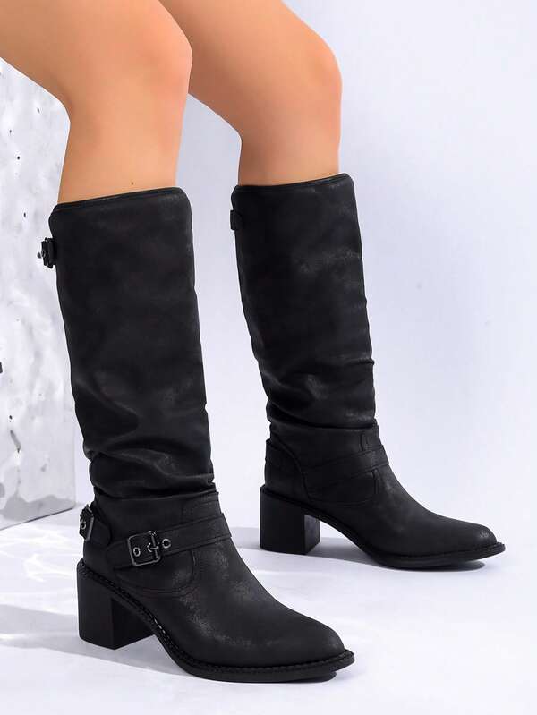New PU Rivet Metal Buckle Tall Boots, Black Pleated Knee-High Riding Boots, Fashionable And Comfortable Footwear For Any Occasion