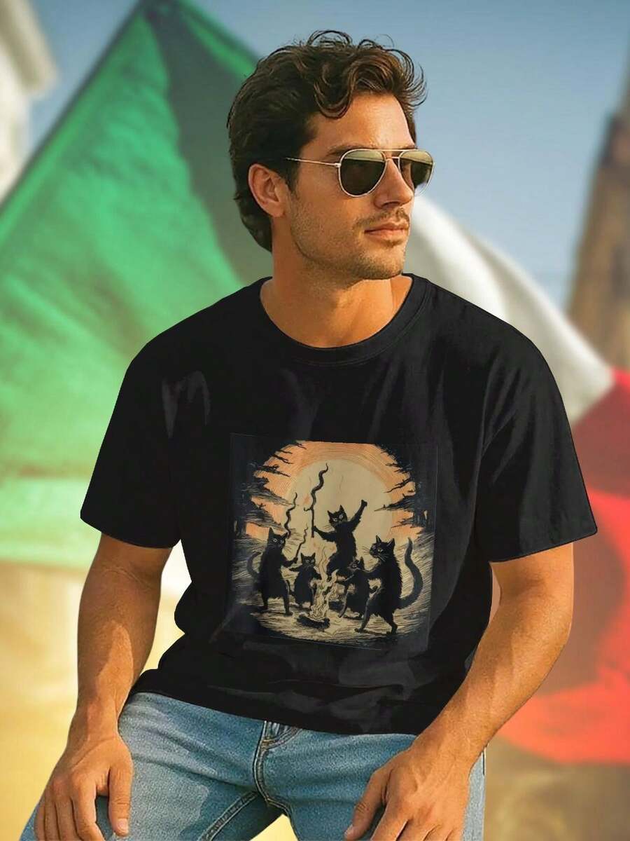 Black Cat Magic Fire Party T Shirt Uomo Moda Casual Cotone Morbido Stampa Originale Idea Regalo Festa Giovane Fashion  Nuovo Arrivo Must Have