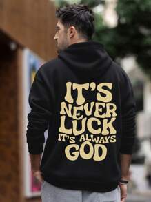 男士秋冬标语“这绝非运气，而是上帝的旨意”印花极简黑色连帽衫，长袖上衣 - 黑色 - 查看 2