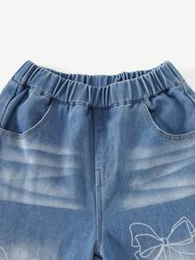 2pcs Girls Casual Fashion Blue Pocket Butterfly Print Denim Long Sleeve Jacket And Blue Denim Pocket Pants Set