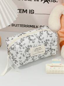 1Pc/Set White Base With Black Floral Pattern Quilted Makeup Bag Bohemia Retro Print Pattern Cosmetic Bag Fashionable Portable Makeup Organizer, Multi-Functional Storage Bag For Lipstick, Sanitary Napkin, Coins, Makeup Brushes,Etc Soft Fabric Floral Print Zipper Pouch Travel Essentials For Beach Vacation Holiday School Supplies Dorm Essentials Back To Schoolbag For School Travel Bag For Women - Multicolor - View 7