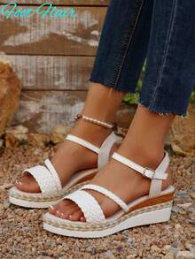 Foot Flair 女式加大码石纹编织可调节扣露趾坡跟一脚蹬波西米亚海滩度假休闲凉鞋,夏季新款配色弹力绳底罗马凉鞋 - 白色 - 查看 4