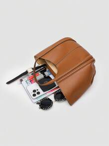 1 件新款纯色 PU 时尚托特包，女士手提包，单肩包，简约通勤多功能大容量手提包，高品质时尚女学生单肩包 - 棕色 - 查看 10