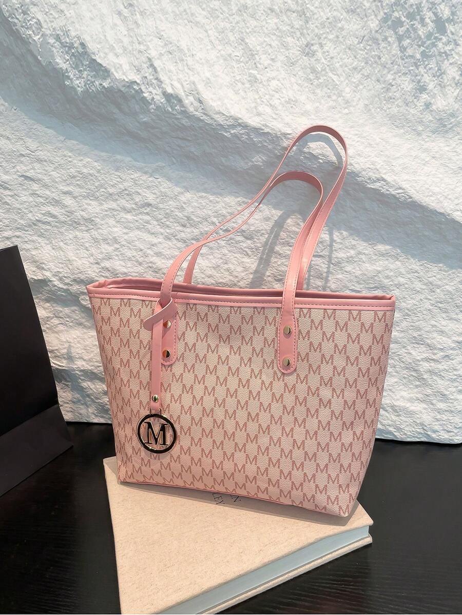 Fashion Solid Color Large Capacity M Letter Print Tote Bag, Metal Decoration, Shoulder Bag, Suitable For Women Shopping, Commuting, Daily Use, Students Back To School - Pink - View 1