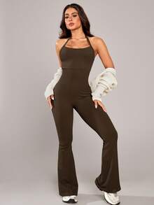 1pc Women's Seamless Ribbed Racerback Jumpsuit, Yoga Fitness Running Workout Jumpsuit