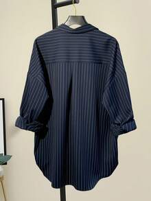 Áo khoác cardigan dáng rộng cổ điển có túi, cài cúc, tay dài, kẻ sọc xanh dương, kiểu dáng dễ thương và thanh lịch dành cho nữ, thích hợp cho mùa xuân/hè, lễ hội/ngày Valentine. - Hải quân - Xem 4