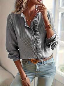 Fashion Me Striped Print Pleated Textured Fabric Ruffle Collar Straight Sleeve Fitted Polyester Casual Shirt, Minimalist Versatile Daily Wear, Suitable For Teachers' Day Black Spring - Black - View 5