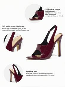 女士高跟凉鞋，时尚宴会派对户外优雅方头闪光露趾露背设计，高端缎面面料搭配厚实的石纹，性感优雅的深红色，夏季 - 深紅色 - 查看 5