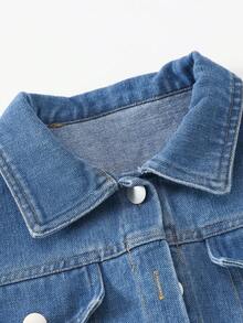 2pcs Girls Casual Fashion Blue Pocket Butterfly Print Denim Long Sleeve Jacket And Blue Denim Pocket Pants Set