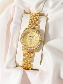 1pc CARYINO Women's Stainless Steel Strap Watch, Dual-Tone Classic Business Style With Embedded Rhinestones Quartz Watch, Suitable For Daily Wear - Gold - View 2