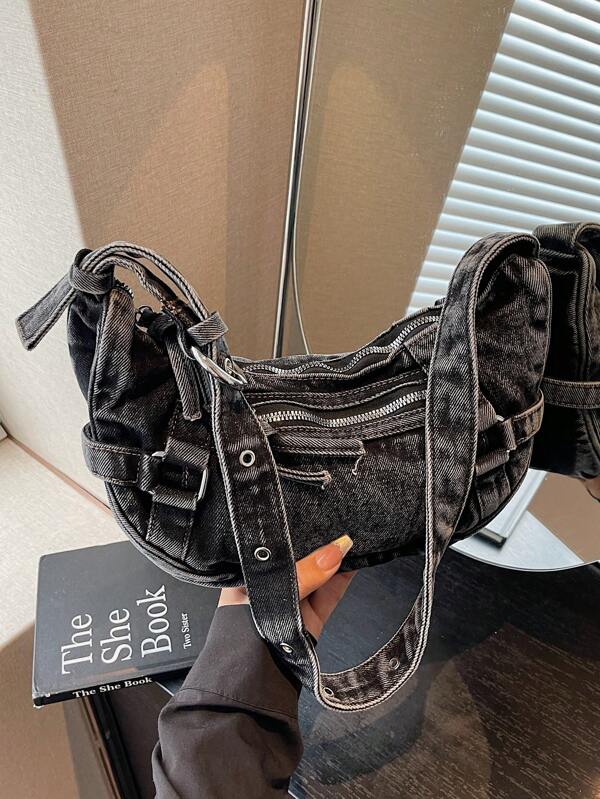 New Chic Casual Jeans Crescent Bag, Versatile Commuter Women's Shoulder Bag, Street , Y2K, Hobo Bag, Suitable For Commuting And Shopping., Perfect For Cow Girl