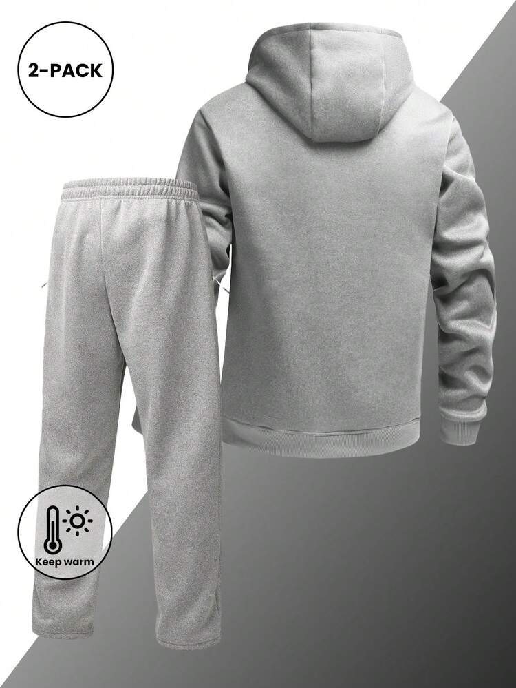 2 件男士休闲纯色拉链连帽衫和直筒裤运动服套装，适合春秋季节，百搭，送给男朋友的绝佳礼物 - 灰色 - 查看 2