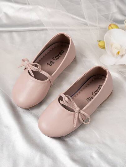 1 paar effen PU-leren meisjesschoenen met strikversiering, zachte, comfortabele ronde neus en platte, casual schoenen, eenvoudig en modieus voor buiten, school, optredens en het hele seizoen