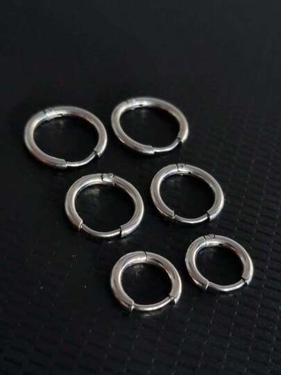Brinco Argola Fina 3 Pares Diversos Tamanhos Prata Unissex Aço Inoxidável