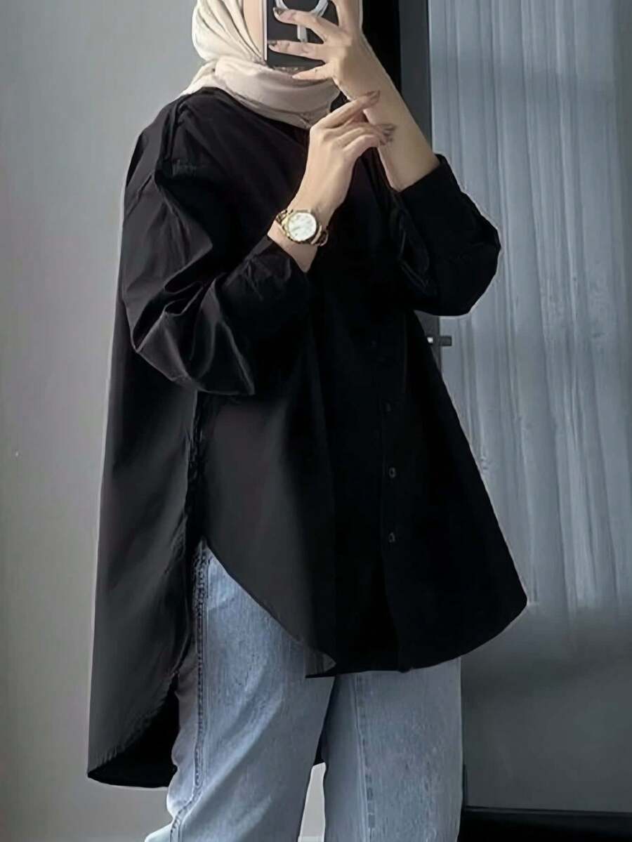 Women Modest Long Sleeve Plaid Shirt Collar Button Front Regular Top In Woven Fabric - Black - View 1