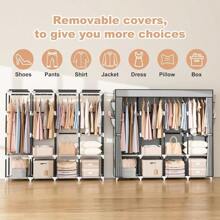 170cm Wide, Large-Capacity Portable Fabric Wardrobe With 4 Shelves, 4 Hanging Rods, And A Lid. Sturdy, Freestanding Bedroom Wardrobe In Black. - 灰色 - 查看 5