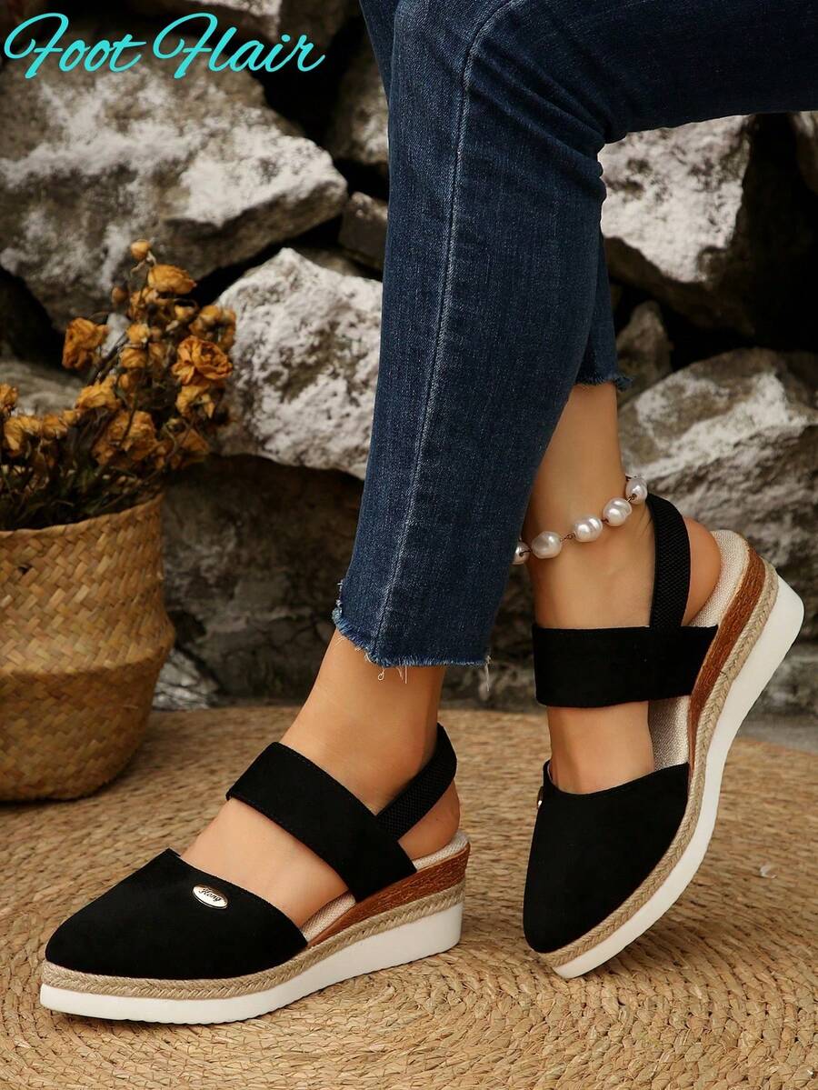 Foot Flair 女式加大码尖头拼色露背帆布凉鞋，黑色波西米亚海滩度假风格，全新轻质厚底坡跟凉鞋