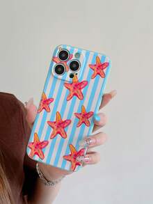 Compatible avec les modèles Apple 16, 15, 14, 13, 12, 11 Pro Max//Redmi/OPPO/Realme/Infinix. Étui de téléphone carré en TPU avec design d'étoile de mer rayé, frais d'été, couleur turquoise. Anti-chute, portable. - cyan clair - Voir 8