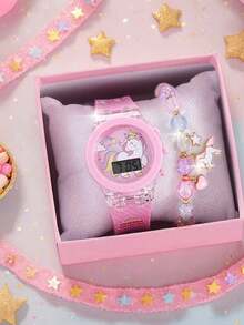 2/1pc Luminous Unicorn Quartz Jelly Watch Silicone Girl Cute Watch Paired With Rainbow Horse Bead Bracelet Watch Set The Perfect Gift For Girls, Suitable For Daily Wear, Parties,Christmas Back To School And Buying Gifts Souvenir To Give To Friends And Relatives Ladies' Watch Gift Set(Give Exquisite Gift Box) - Multicolor - View 1