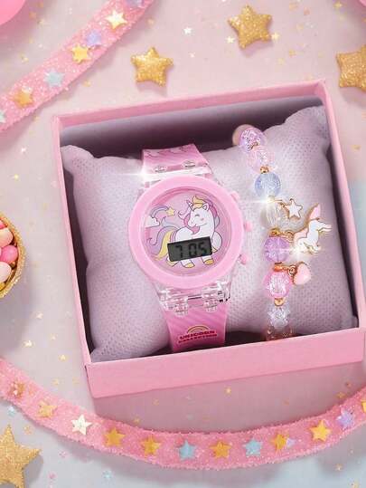 2/1pc Luminous Unicorn Quartz Jelly Watch Silicone Girl Cute Watch Paired With Rainbow Horse Bead Bracelet Watch Set The Perfect Gift For Girls, Suitable For Daily Wear, Parties,Christmas Back To School And Buying Gifts Souvenir To Give To Friends And Relatives Ladies' Watch Gift Set(Give Exquisite Gift Box)