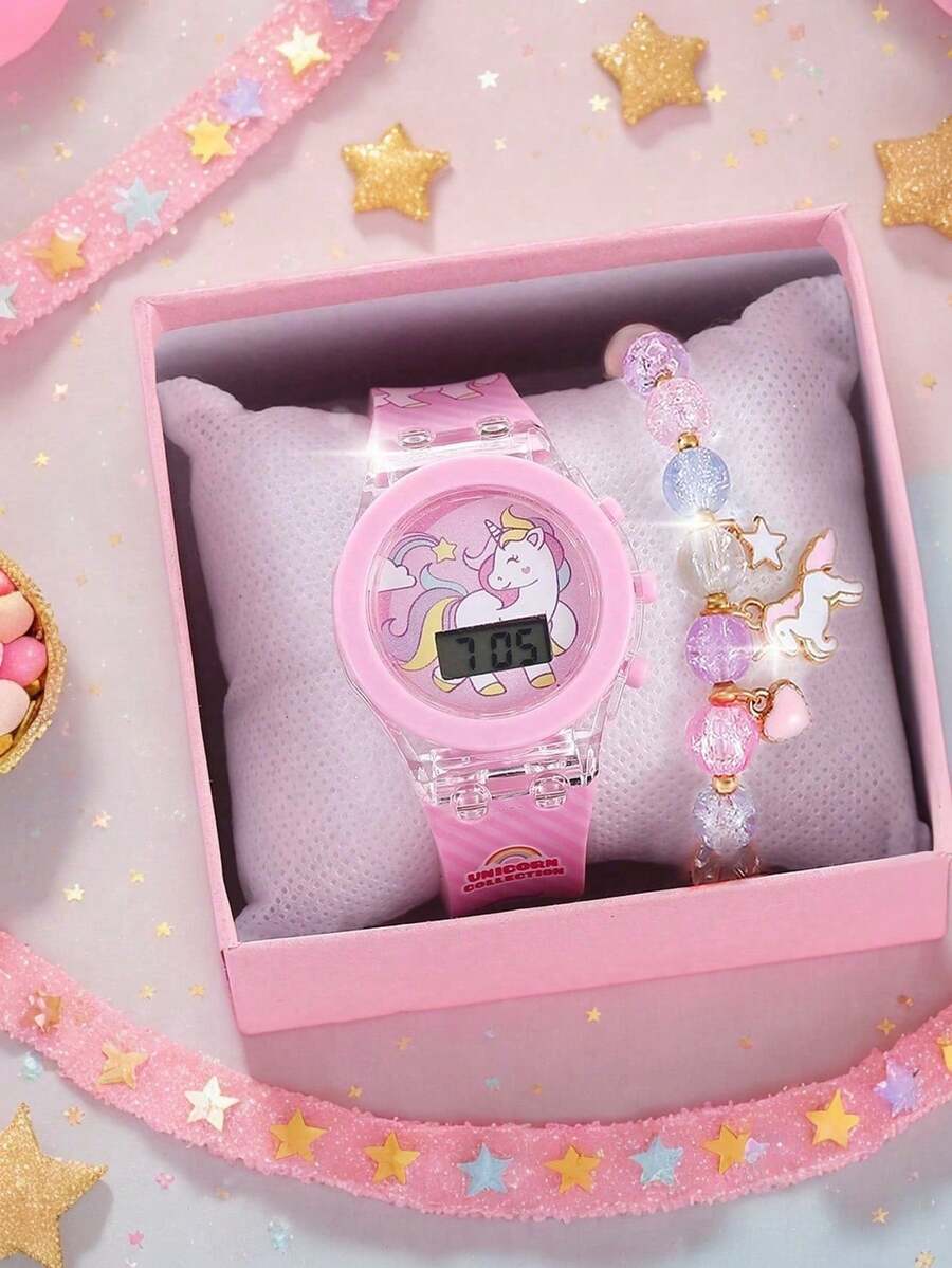 2/1pc Luminous Unicorn Quartz Jelly Watch Silicone Girl Cute Watch Paired With Rainbow Horse Bead Bracelet Watch Set The Perfect Gift For Girls, Suitable For Daily Wear, Parties,Christmas Back To School And Buying Gifts Souvenir To Give To Friends And Relatives Ladies' Watch Gift Set(Give Exquisite Gift Box) - Multicolor - View 1