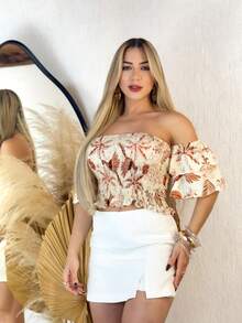 Cropped Top  Lastex Ruffle Sleeve Women - Terracotta Print - View 2