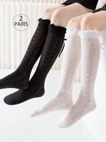 2双装儿童过膝袜，女童网眼袜，白色、黑色、纯色、荷叶边、蝴蝶结、波点、条纹、直筒筒袜，可爱公主风、学院风，春夏秋季均适用，适合日常穿着、派对、公主袜、假期、返校季，精致可爱，百搭，可搭配平底鞋、运动鞋、乐福鞋，返校季、学生、新学期、开学、教室 - 彩色 - 查看 15