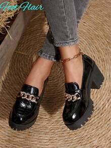 Foot Flair Women's Metal Chain Decor Waterproof Platform Round Toe Slip-On Thick Sole High Heel Shoes, Vintage Style, Plus Size, PU Leather Oxford Pumps, Black, British Style, Work Flats, Spring/Autumn