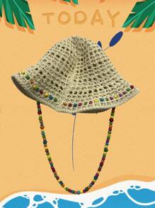 1 件波西米亚风彩色珠子渔夫帽女士遮阳帽宽边草编沙滩帽可打包马尾夏季旅行帽女士帽子 UV，女士沙滩帽，女士宽边太阳草编帽，女士防紫外线太阳帽，软边可折叠夏季帽子，女士太阳草编宽边 UPF 50 夏季帽子可折叠卷起软边沙滩帽女士