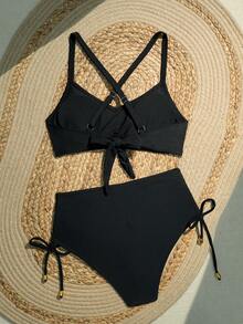 Women's Black V-Neck Twisted Detail Halter Bikini Top And High-Waist Ruched Swim Bottom Set, Casual Swimwear Vacation Summer Beach - Black - View 3