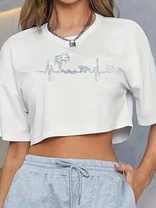 Women'S Casual Crop Top T-Shirt With Heartbeat & Palm Tree Print, Short Sleeve Round Neck, Light Blue, Spring/Fall Beach-Themed Design, Summer Casual Wear | Heartbeat Graphic Tee | Smooth Texture Fabric - 白色 - 查看 1