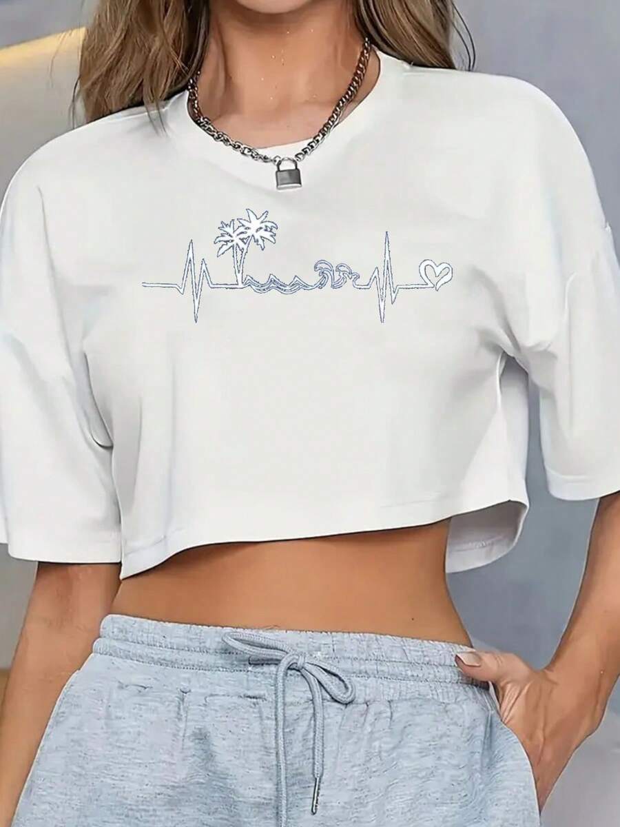Women'S Casual Crop Top T-Shirt With Heartbeat & Palm Tree Print, Short Sleeve Round Neck, Light Blue, Spring/Fall Beach-Themed Design, Summer Casual Wear | Heartbeat Graphic Tee | Smooth Texture Fabric - 白色 - 查看 1